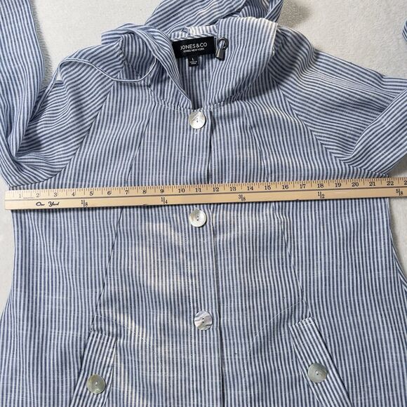 Jones & Co Linen Blend Hooded Jacket Womens Sz L Blue Striped Roll Tab Sleeves - Picture 8 of 11
